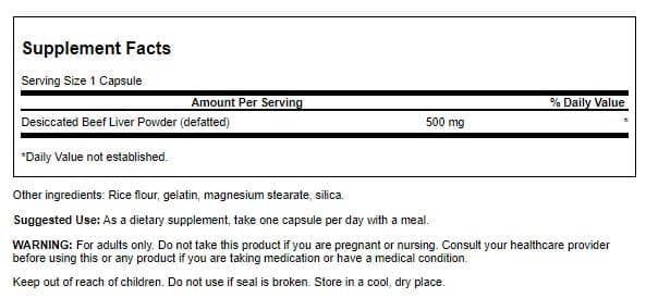 Swanson 100% Pure Defatted Desiccated Beef Liver 500 Milligrams 120 Capsules