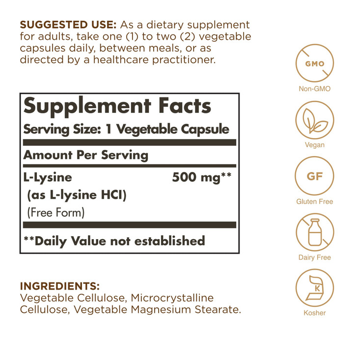 Solgar L-Lysine, 500 Mg, 100 Veggie Caps