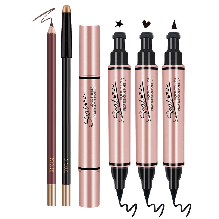 POPMISOLER 5 Pcs Liquid Eyeliner Pen Stamp Set, Dual Ended Black Eyeliner with Heart/Star/Triangle Shape Eye Liner Stamp Waterproof Long Lasting Stam
