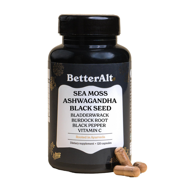 3000mg Iris Sea Moss, 2000mg Black Seed Oil, 1000mg Ashwagandha, 1000mg Burdrock
