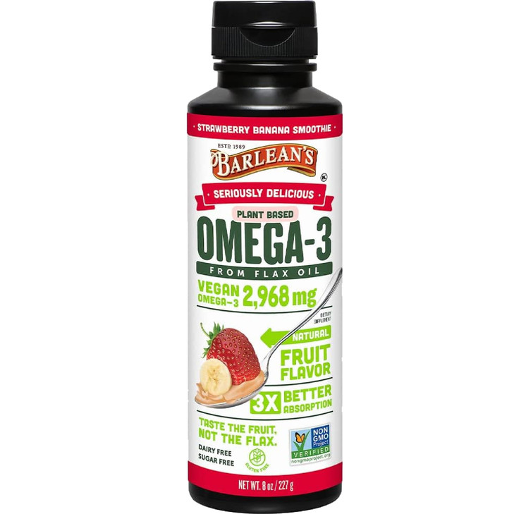 Barlean's Strawberry Banana Flaxseed Oil Liquid, Vegan Omega 3 6 9 Supplements