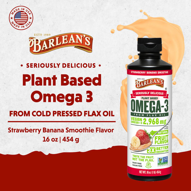 Barlean's Strawberry Banana Flaxseed Oil Liquid, Vegan Omega 3 6 9 Supplements