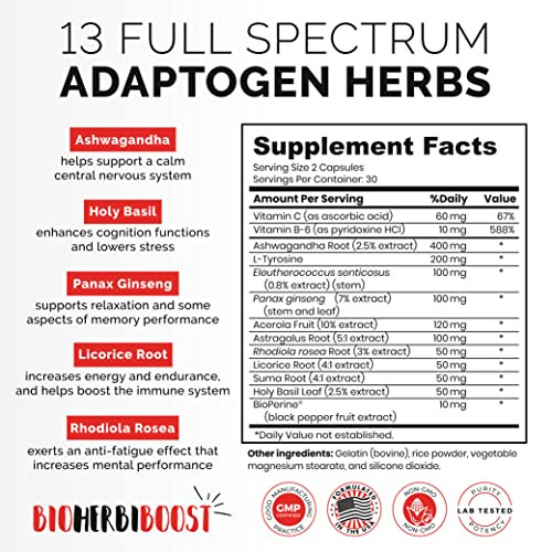 Adrenal Support Supplement [1300mg Non-GMO] Natural Focus Clarity Energy &