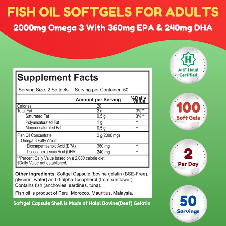 SHIFAA NUTRITION Halal Fish Oil 2000mg Softgels with 360mg EPA & 240mg DHA. 100