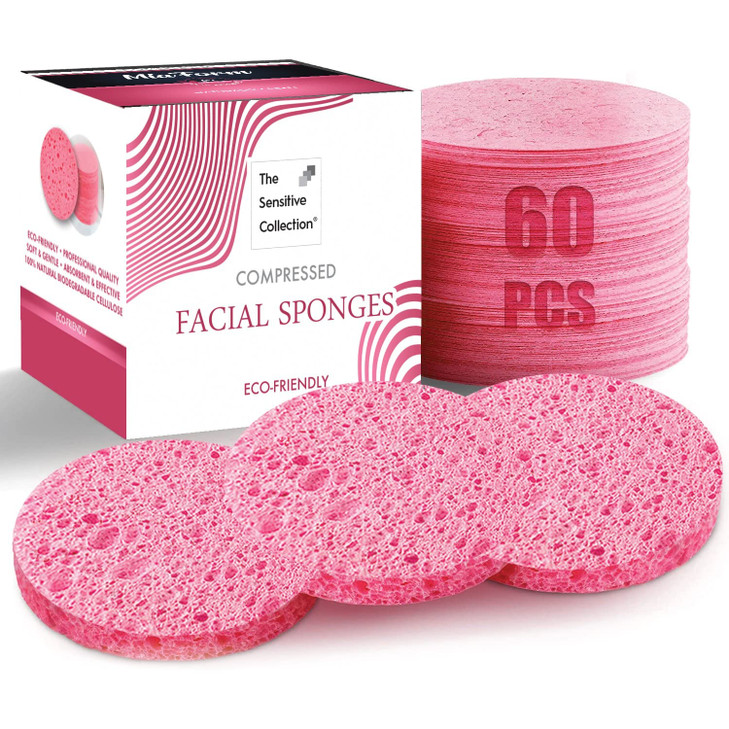 60-Count Compressed Facial Sponges, 100% Natural Cosmetic Spa Sponges for Facial Cleansing, Exfoliating Mask (Pink Round)