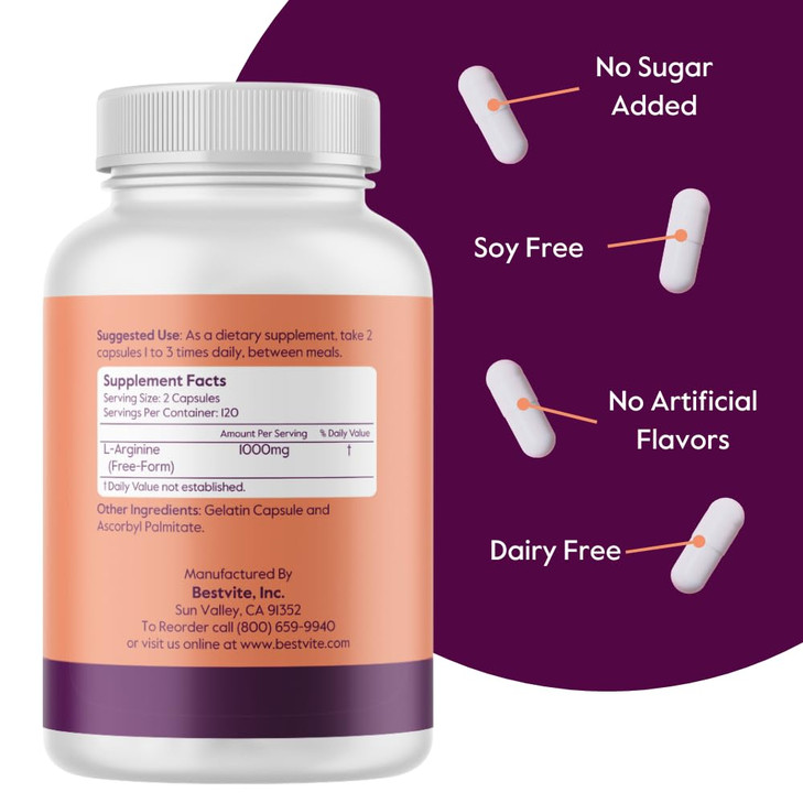 BESTVITE L-Arginine 500mg (240 Capsules) - No Magnesium Stearate