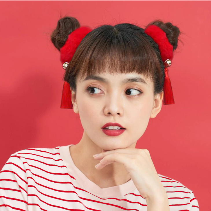 AEGYPIUS Chinese New Year Hair Accessories, 2 Pcs Red Chinese Hair Accessories Chinese Hair Clip with Fluffy Ball Tassels, Chinese Hair Clips for Chr
