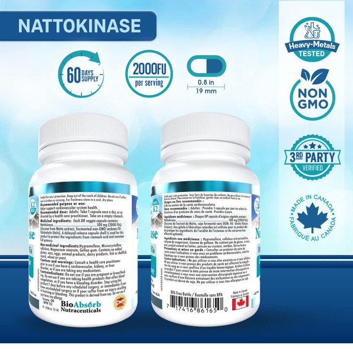 Bio Absorb Nattokinase Supplement. Non-GMO Natto Extract Enzyme. 100 mg, 2000