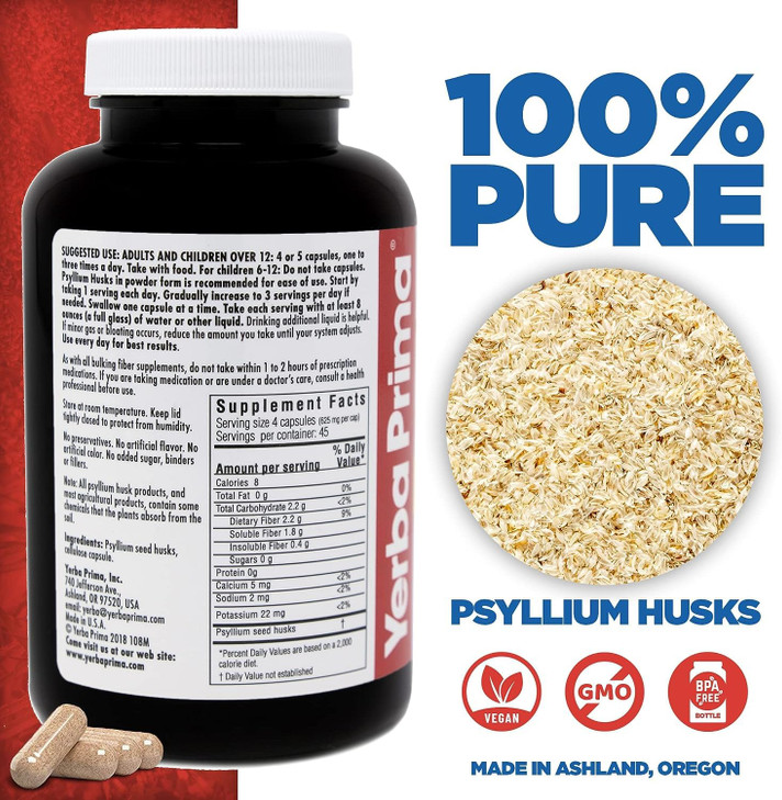Yerba Prima Fiber Psyllium Husks - 180 Veg Caps