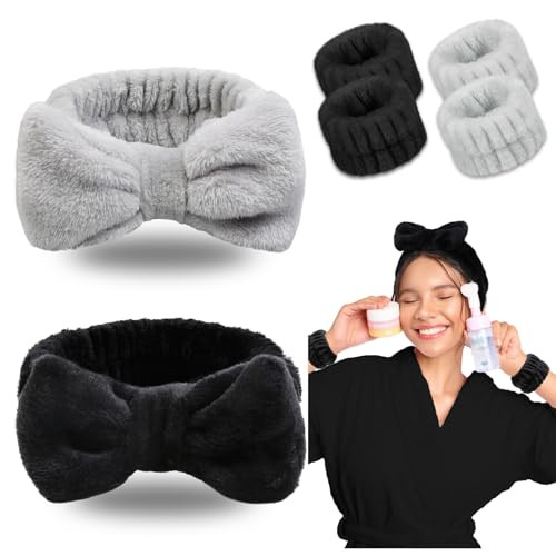 Huachi 6 Packs Makeup Headband for Women Spa Skincare Face Wash Headband and Wristband Set for Washing Face, Cute Fluffy Microfiber Bow Headbands Hai