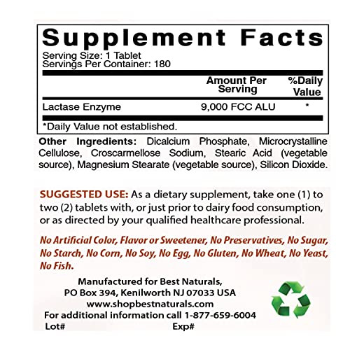Best Naturals Lactose Intolerance Relief Tablets with Natural Lactase Enzyme