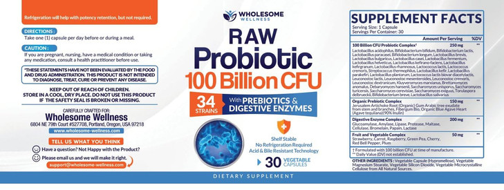 Wholesome Wellness Organic Raw Probiotics 100 Billion CFU, Dr Formulated