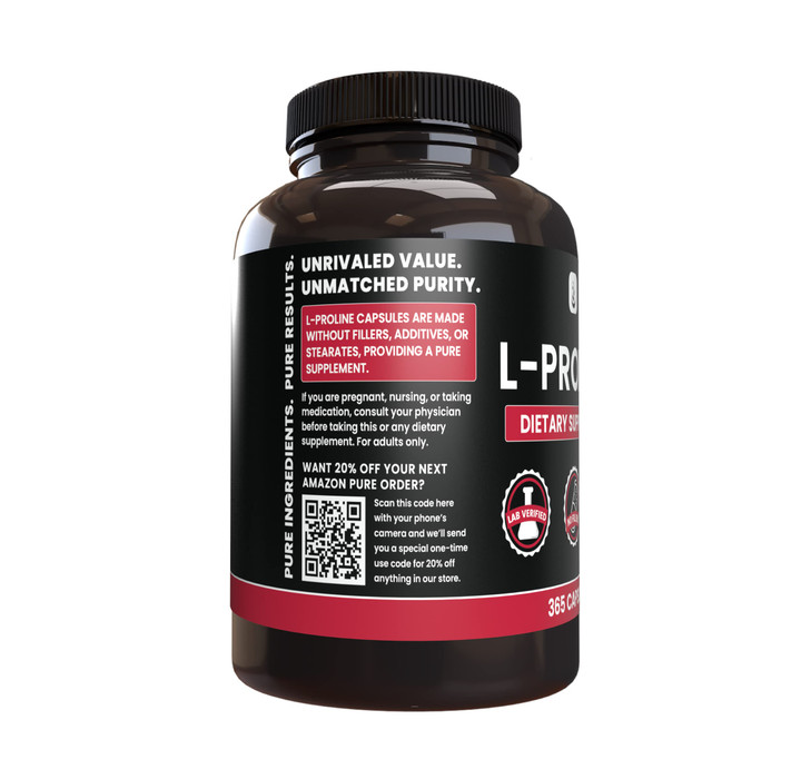 PURE ORIGINAL INGREDIENTS L-Proline (365 Capsules) No Magnesium Or Rice Fillers