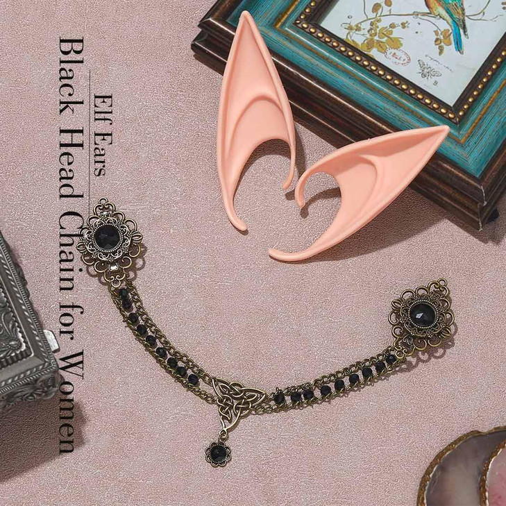 Aukmla Vintage Head Chain with Fairy Elf Ears Rhinestones Headpiece Forehead Hair Chains Festival Party Headband Hair Accessories for Women and Girls