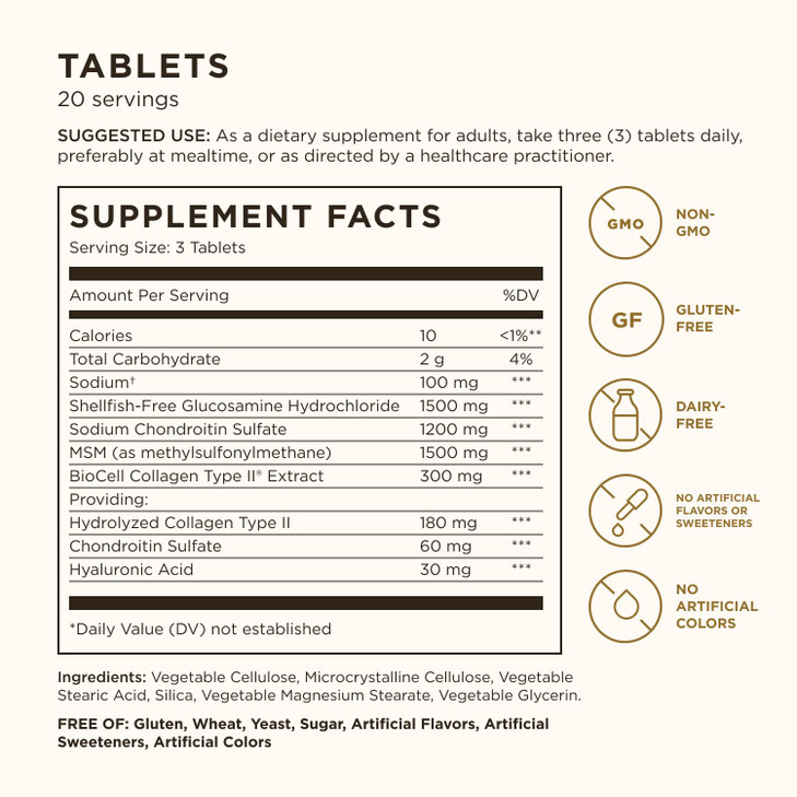 Solgar Glucosamine Hyaluronic Acid Chondroitin MSM (Shellfish-Free), 60 Tablets