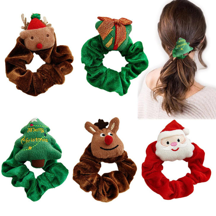 5pcs Christmas Scrunchies Cute Christmas Hair Scrunchie for Women Girls Kids Soft Velvet Scrunchy Ponytail Holder Christmas Hair Accessories Hair Ban