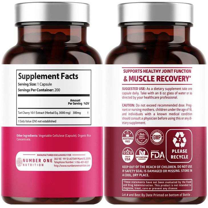 N1N Premium Tart Cherry Extract Capsules, 200 Veg Caps, 3000 mg, Powerful