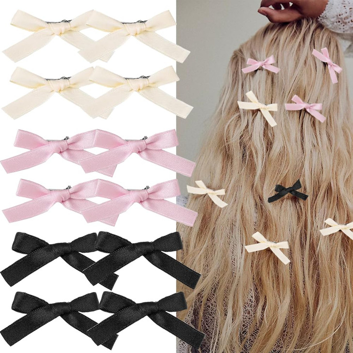 Bmobuo 12PCS Pink Hair Accessories - Silk Mini Barrettes, Ribbon Clips, and Bows for Women Girls