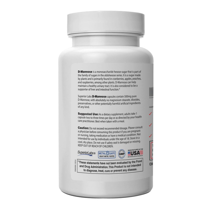 Superior Labs D-Mannose 500 mg, Pure Non-GMO Optimal Absorption Prebiotic