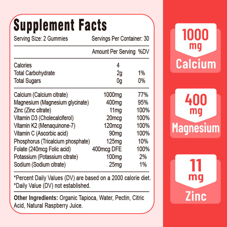 Calcium Magnesium Zinc Gummies with Vitamin D3 & K2, High Absorption Magnesium