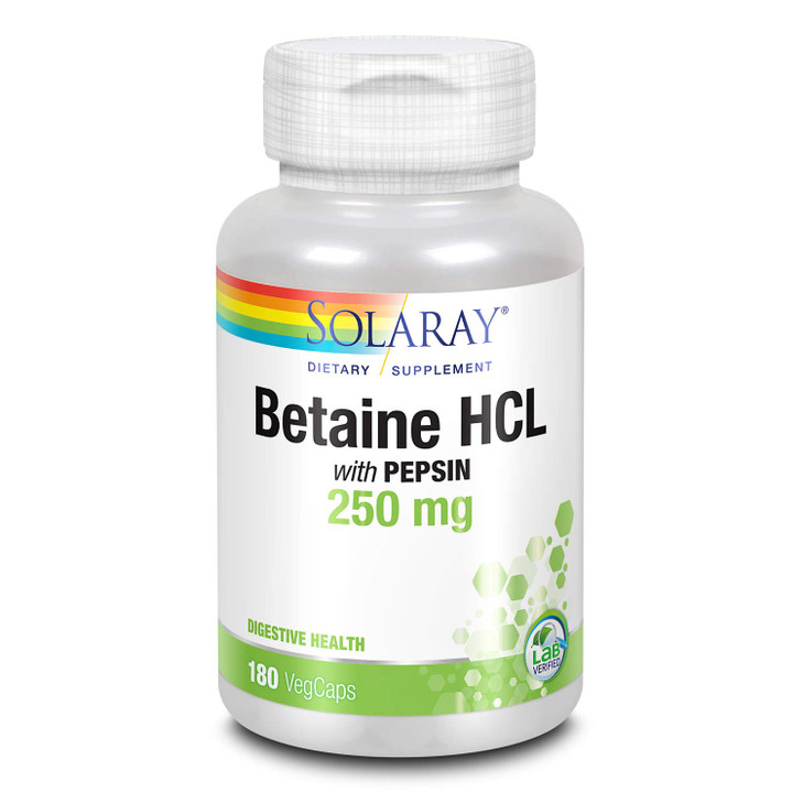 SOLARAY HCL with Pepsin - Digestive Support - 250 MG (180 Capsules)