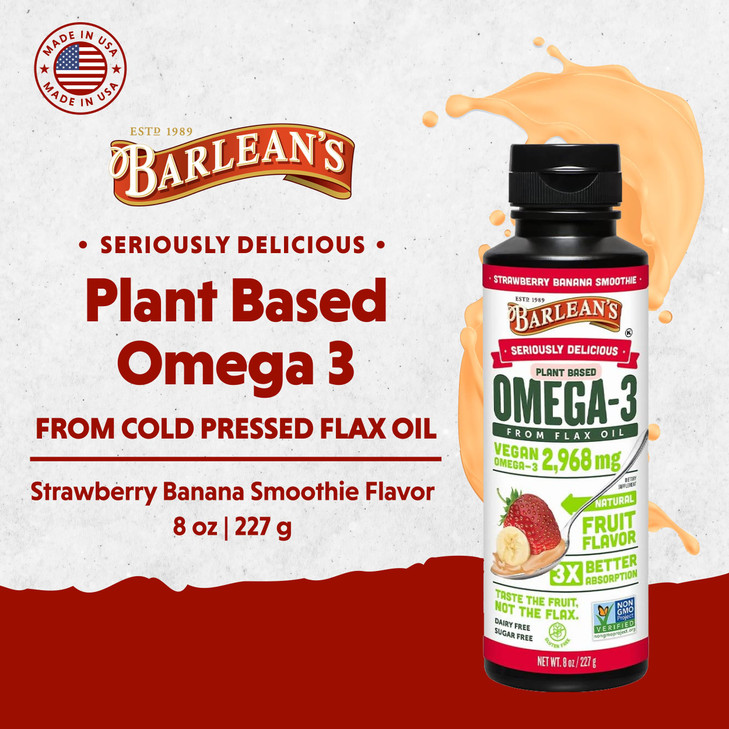 Barlean's Vegan Omega 3 6 9 Flaxseed Oil Liquid Supplement, Strawberry Banana