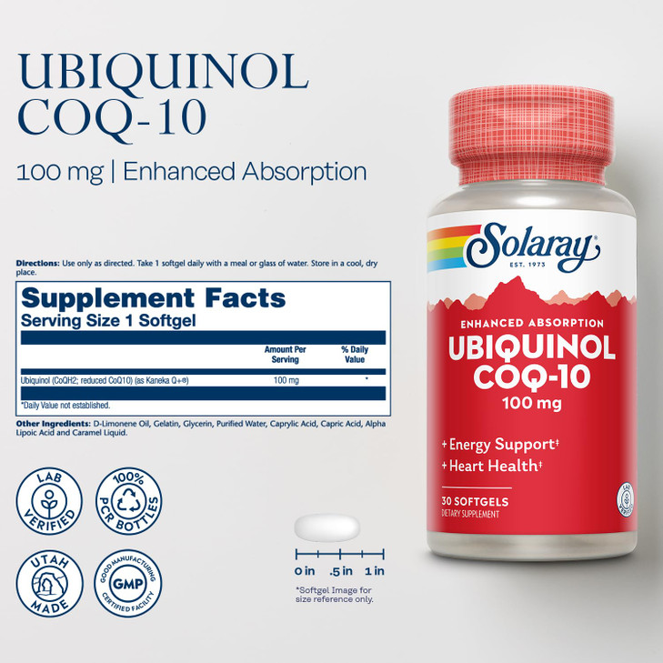 SOLARAY Ubiquinol CoQ-10 100 mg - CoQH2, Reduced CoQ10 for Enhanced Absorption