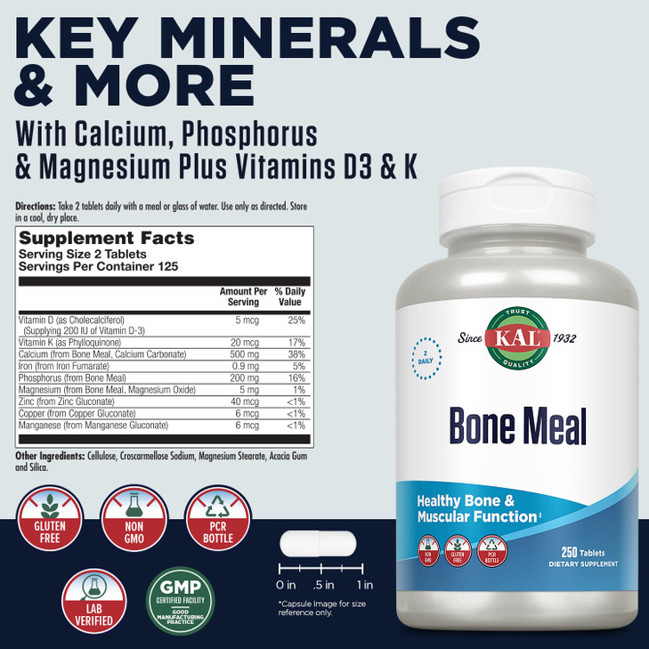 KAL Bone Meal Tablets, Calcium Supplement w/Magnesium, Vitamin D3 and K, Bone