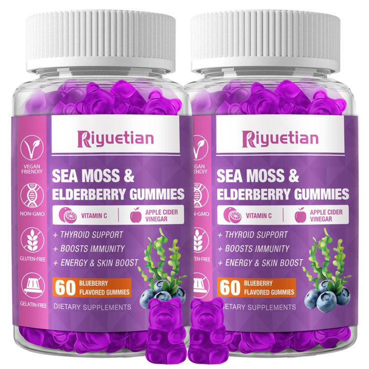 Riyuetian Sea Moss & Elderberry Gummies, Blueberry Flavored Gummy, Vitamins Sea