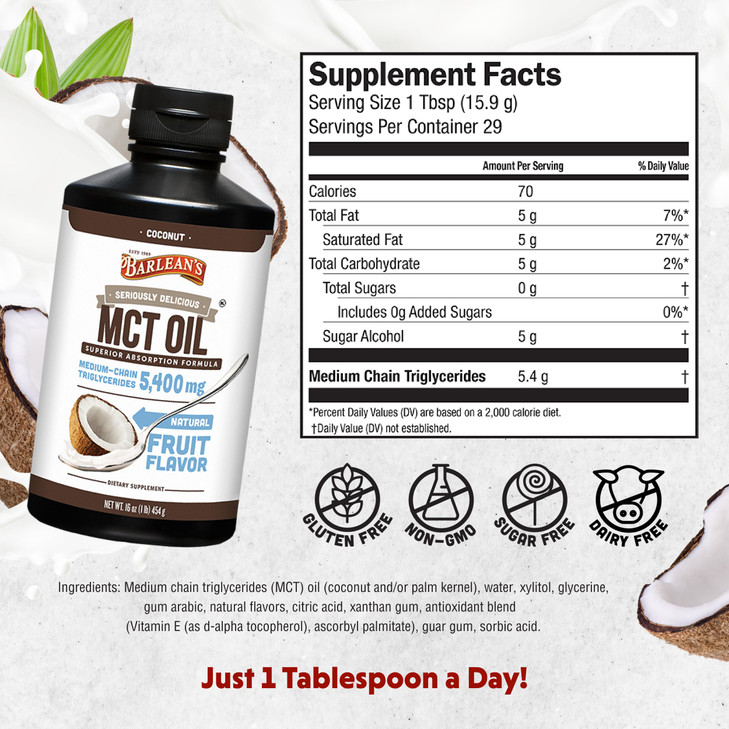 Barlean's MCT Oil Supplement, Coconut Flavored for Keto Coffee, Emulsified