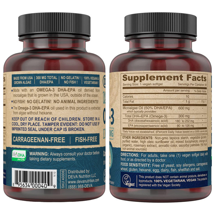 DEVA Vegan Omega-3 DHA EPA Supplement Once-Per-Day Softgel 300 MG
