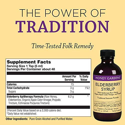 Honey Gardens Elderberry Syrup with Grade A Raw Honey, Propolis, Organic ACV &