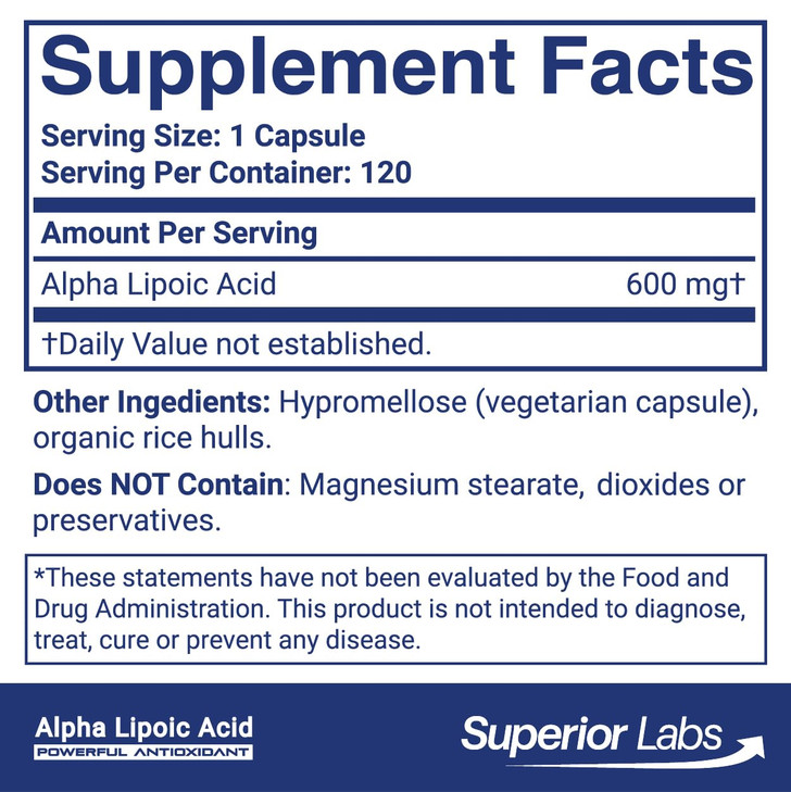 Superior Labs Alpha Lipoic Acid 600 mg Capsules, Pure Non-GMO ALA, High