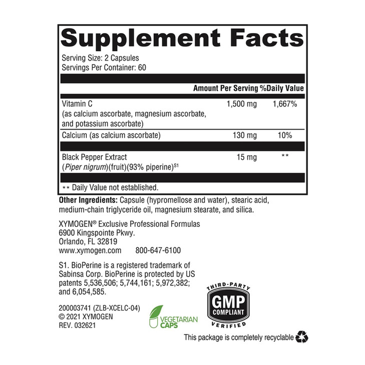 XYMOGEN Xcellent C High-Potency Vitamin C with BioPerine for Enhanced Absorption
