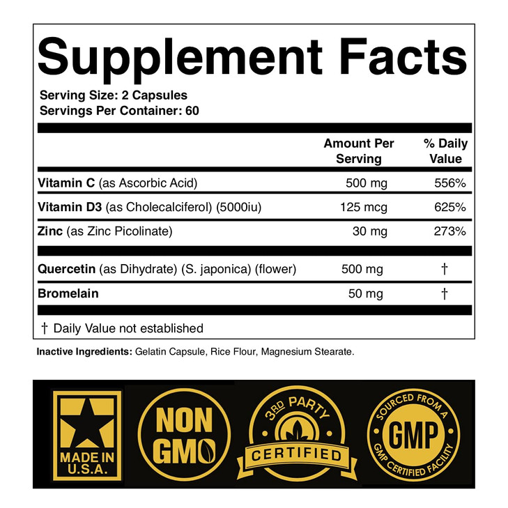 Zinc Quercetin 500mg with Vitamin C Vitamin D3 Bromelain Immune Support High