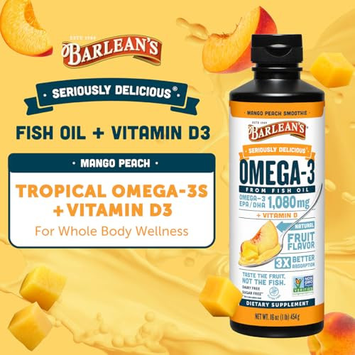 Barlean's Omega 3 Fish Oil Liquid Supplement with Vitamin D for Men and Women