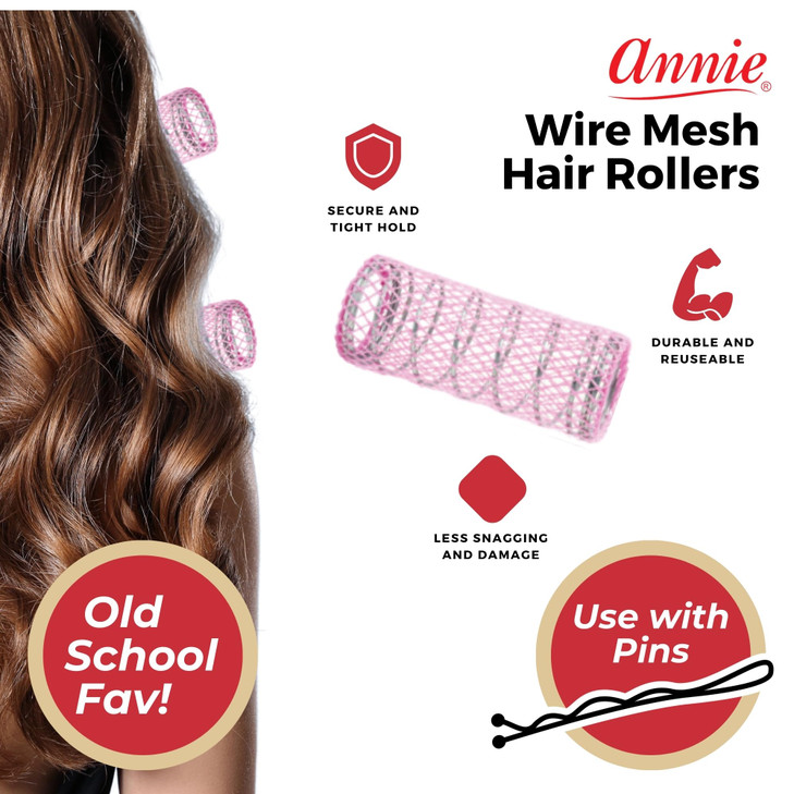 Annie Wire Mesh Rollers  Large 1 1/8 Inch Hair Curlers for Voluminous Curls & Waves, Heatless Styling Tools for All Hair Types  12 Count (Pink)