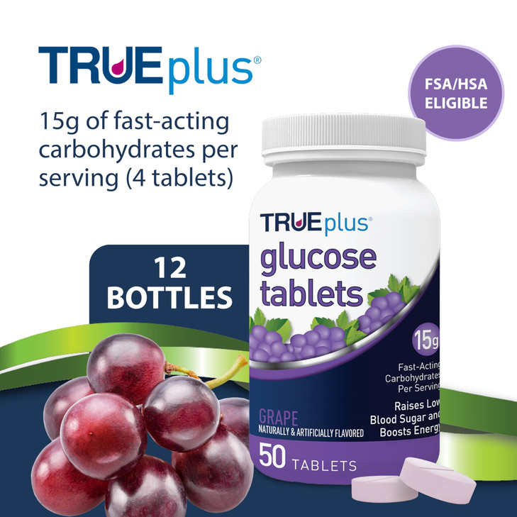 TRUEplus Glucose Tablets, Grape Flavor - 50ct Bottle - 6 Pack