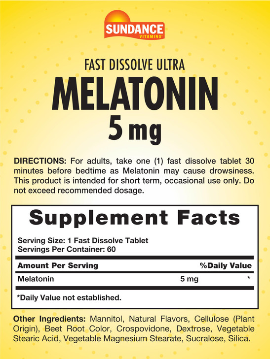 Sundance Melatonin 5mg Fast Dissolve Tablets | 60 Count | Natural Berry Flavor | Vegetarian, Non-GMO, and Gluten Free Supplement