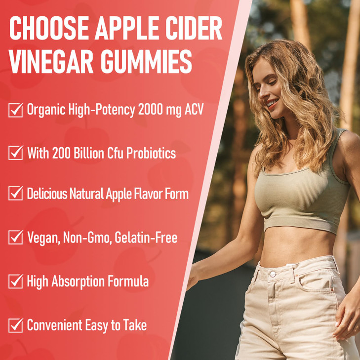 Apple Cider Vinegar Gummies, Max Strength 2000mg ACV Gummy with Probiotics, B12