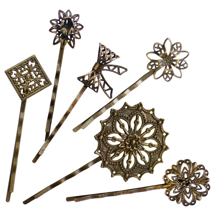 6 Retro Vintage Metal Hair Pin Bobby Pins Flower Bow Royal Square Bronze Accessories Women Girls