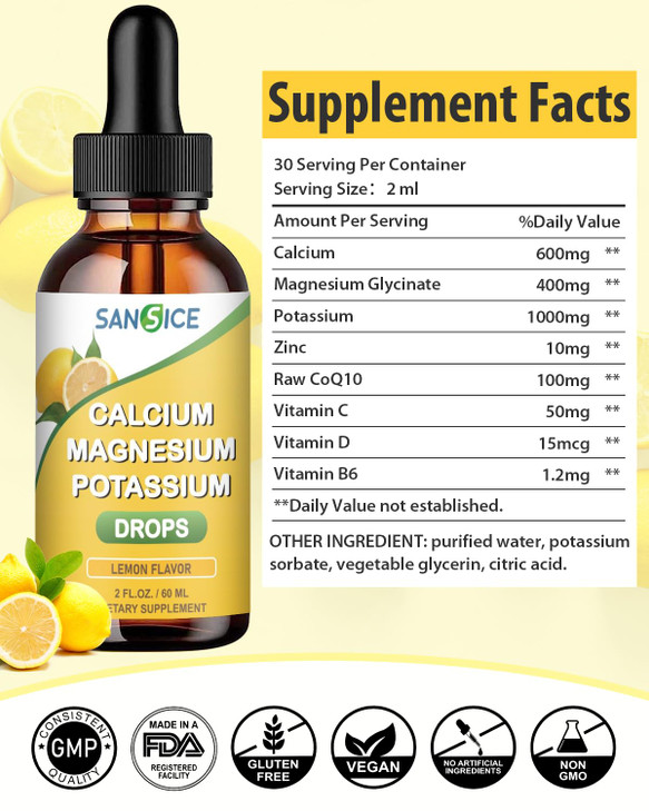 SANSICE Calcium Magnesium Potassium Liquid Drops, 400mg Magnesium Glycinate