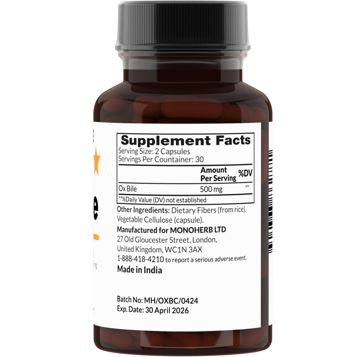 Ox Bile 500 mg - 60 Veg Capsules - 250 mg per Capsule
