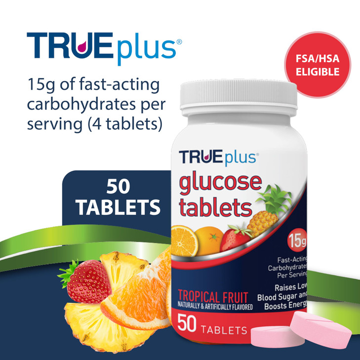 TRUEplus Glucose Tablets, Chewable, Tropical Fruit Flavor, 15g Fast-Acting