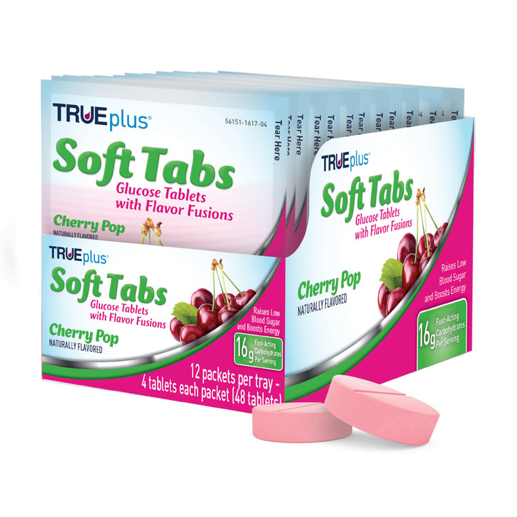 TRUEplus Soft Tabs Glucose Tablets, Chewable, Cherry Pop Flavor, 16g Fast-Acting