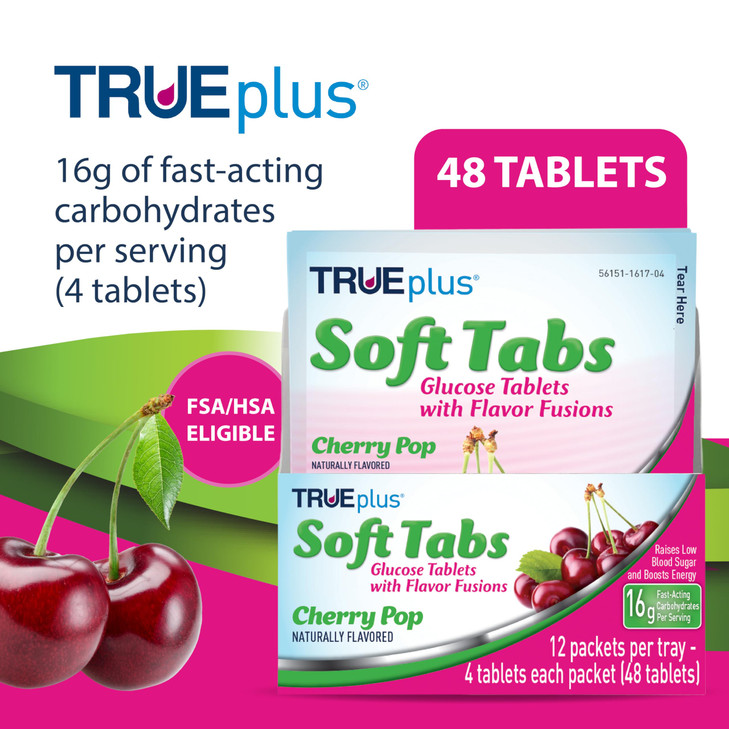 TRUEplus Soft Tabs Glucose Tablets, Chewable, Cherry Pop Flavor, 16g Fast-Acting