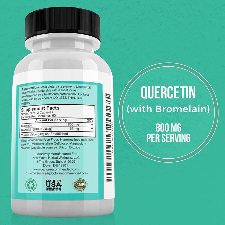 Quercetin 800mg w/Bromelain 165mg Per Serving- 120 Veggie Capsules-Full 60 Day