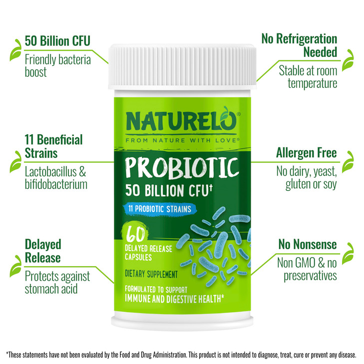 NATURELO Probiotics for Digestive Health, 50 Billion CFU, 60 Vegetarian