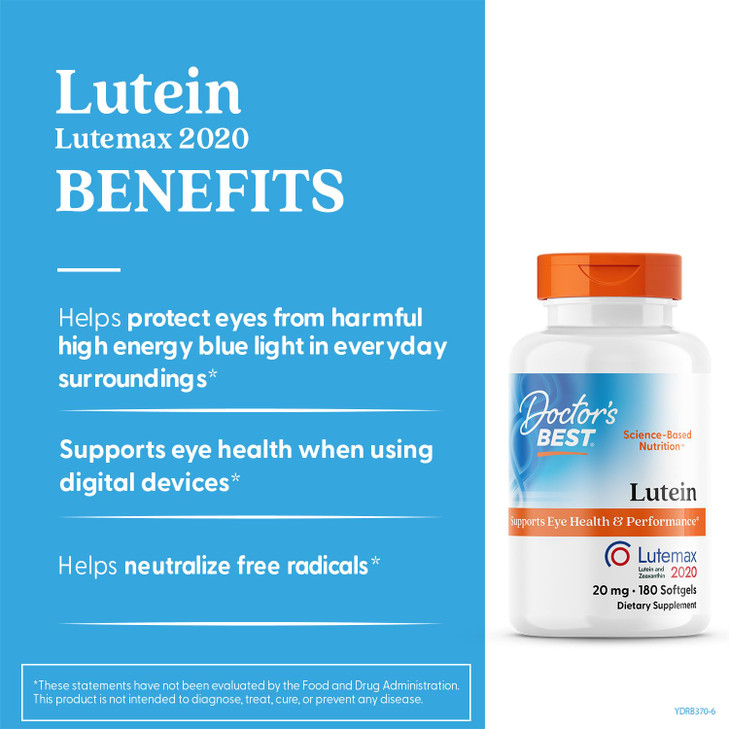 Doctors Best Lutein, 20 mg, Supports Eye Health & Performance, Non-GMO, Gluten