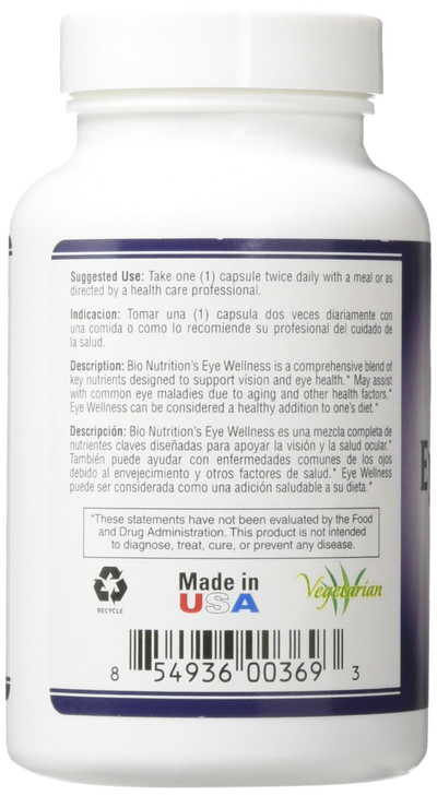 Bio Nutrition Eye Wellness with Zeaxanthin Vegetarian Capsules, 60 Count